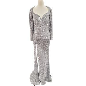 NWT Fitted Long Sleeve Sequin Gown with Leg Slit and Corset Back